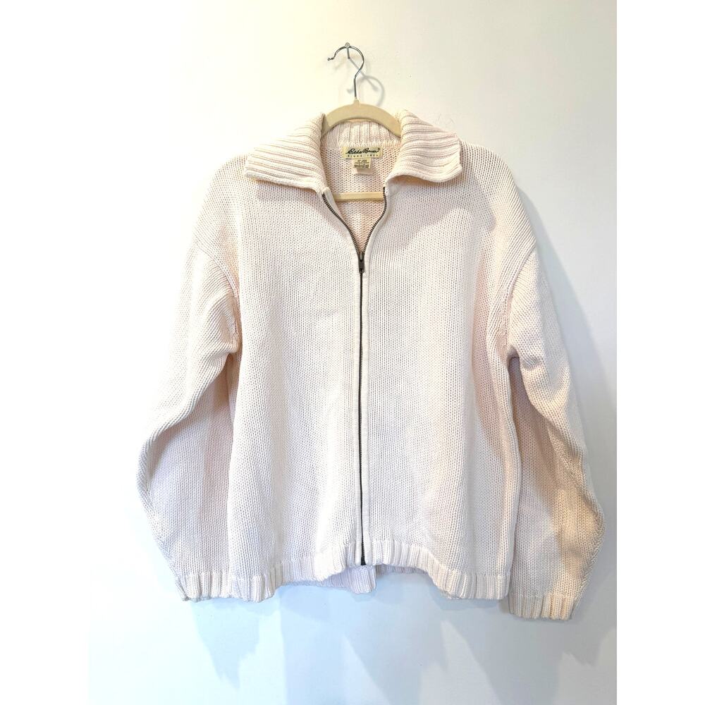 Vtg Eddie Bauer Womens Full Zip Collar Cardigan Sweater L Ivory Cream Cabincore
